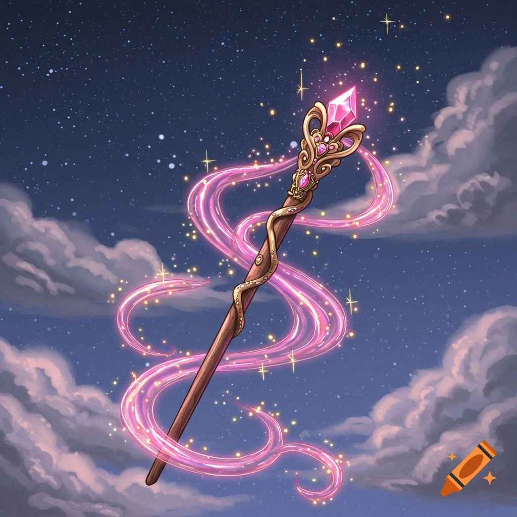 A stylized magic wand with a pink crystal and glowing pink ribbons, set against a starry night sky with clouds.