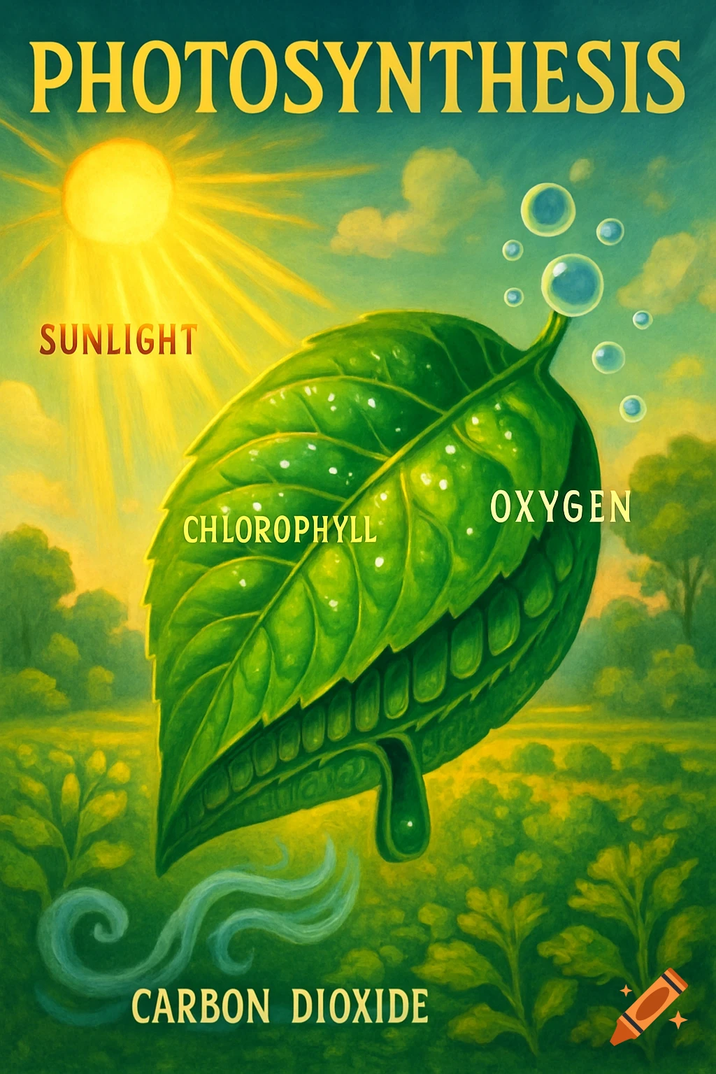 An educational poster illustrating photosynthesis, showing a green leaf, sun, oxygen bubbles, and labels for sunlight, chlorophyll, oxygen, and carbon dioxide.