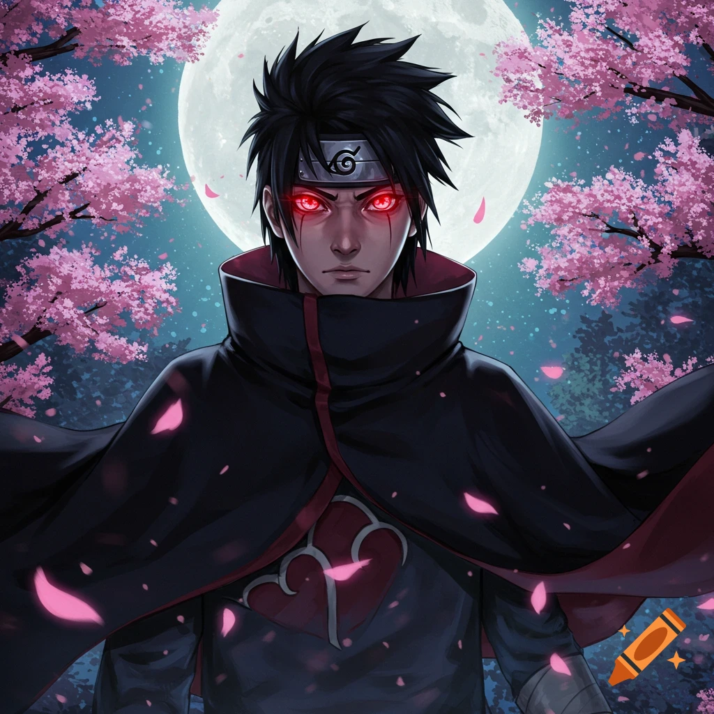 Anime character with black spiky hair, glowing red eyes, and a ninja headband, wearing a dark cloak under a full moon with cherry blossoms.