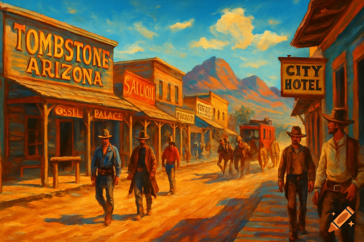 An impressionistic painting of a lively Old West town street with cowboys, wooden buildings, and mountains under a blue sky.