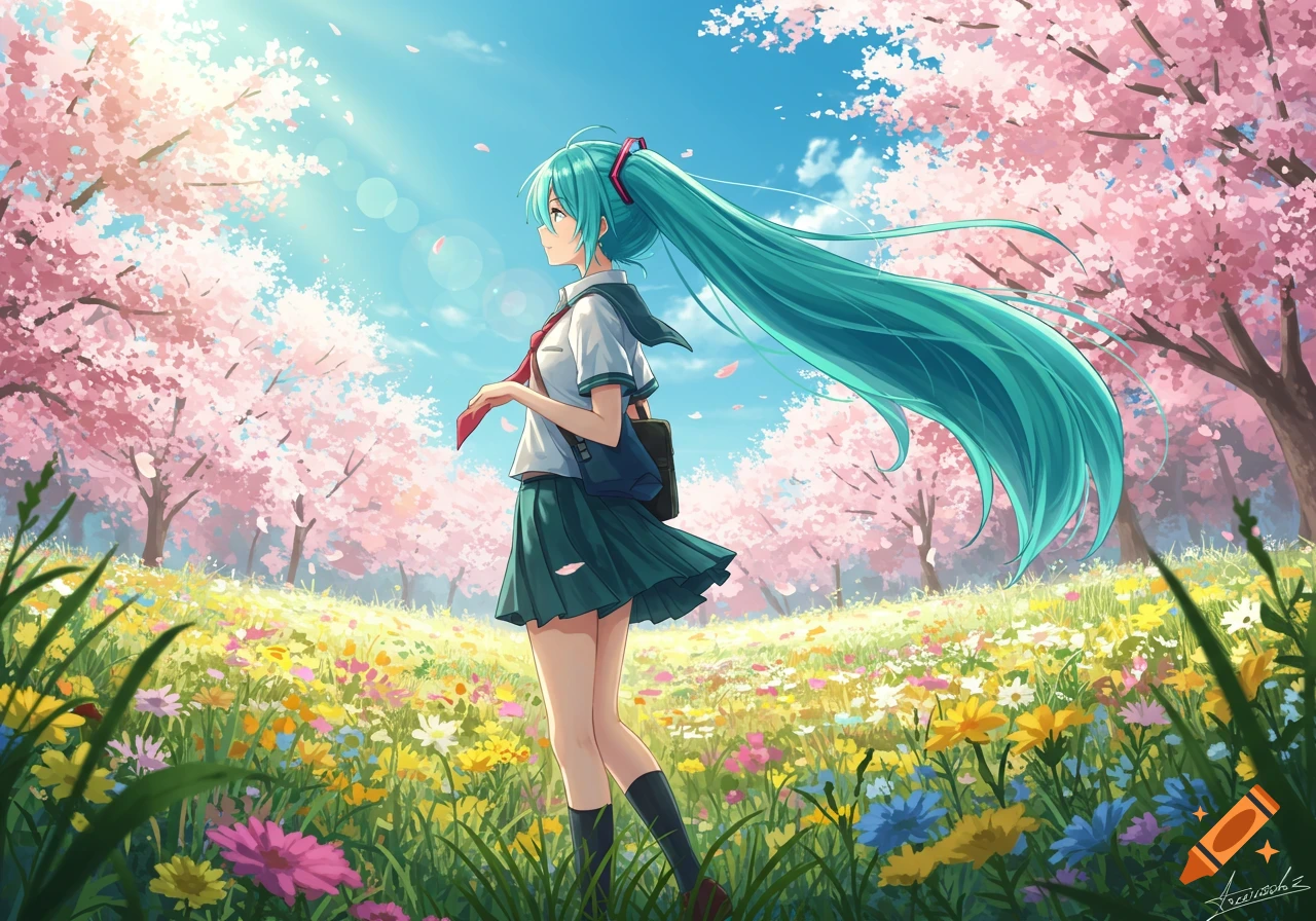 An anime girl with long teal pigtails in a school uniform stands in a vibrant field of flowers under pink cherry blossom trees.