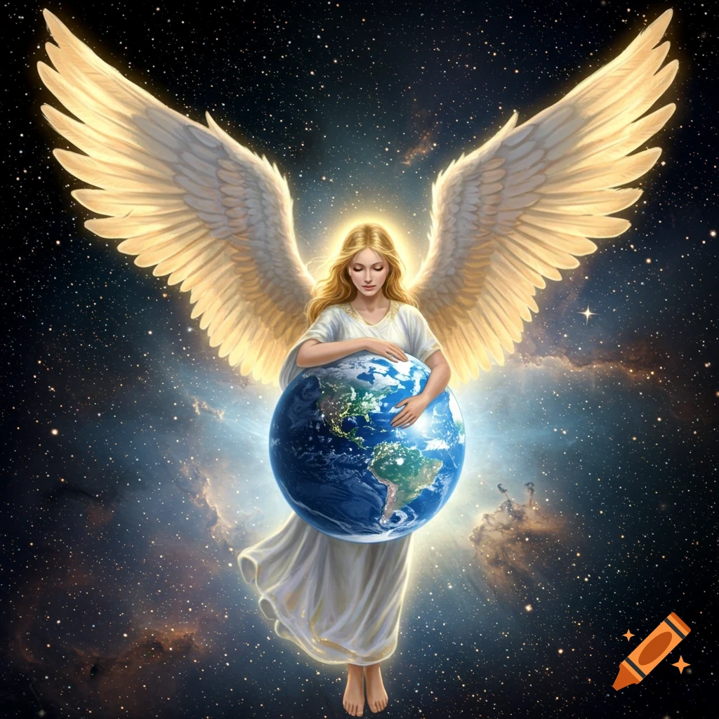 A beautiful angel with large golden wings and a white robe gently holds a glowing Earth against a backdrop of stars and nebulae.