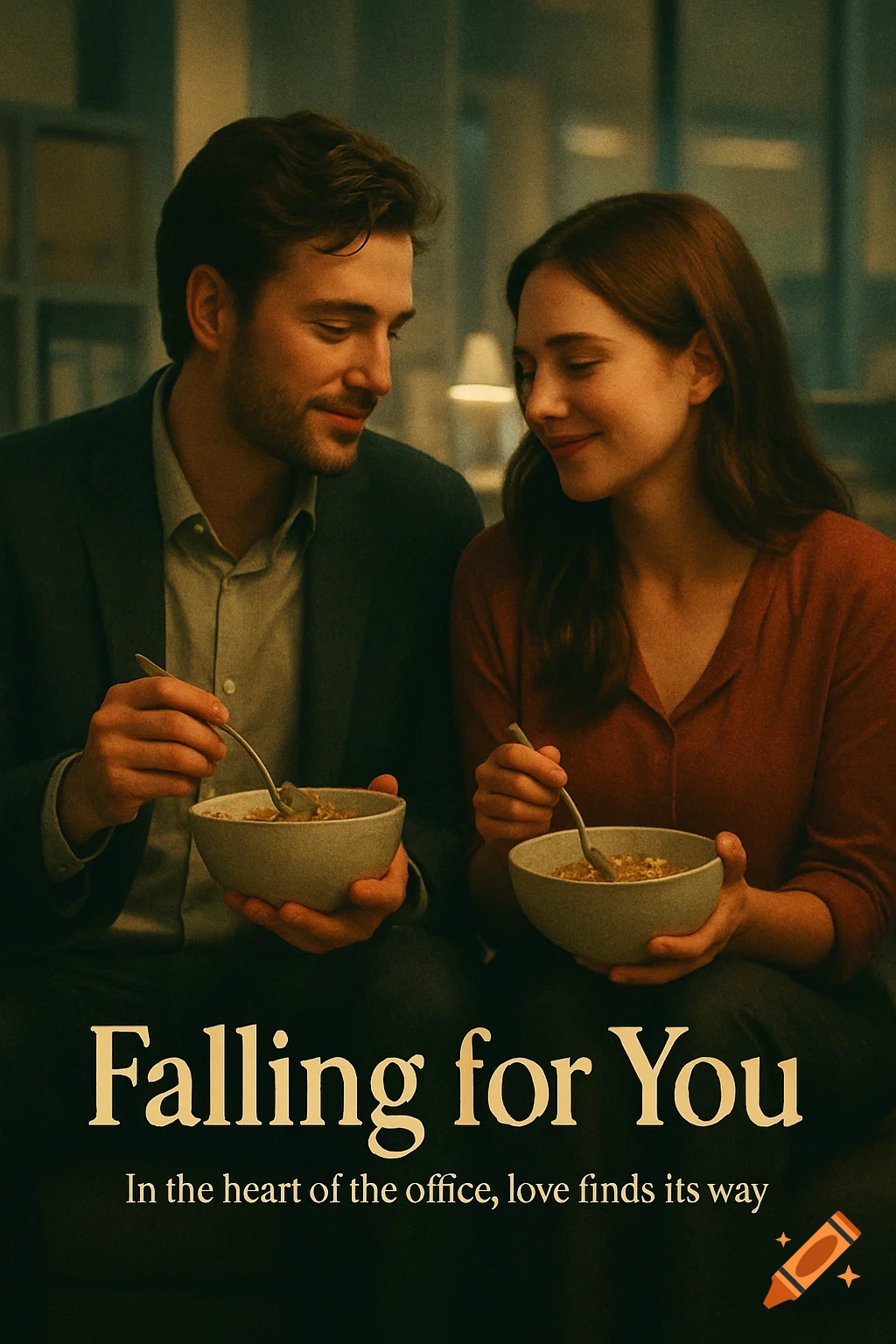 A man and woman sharing a tender moment, eating from bowls in an office setting, with a romantic movie title 'Falling for You' and tagline below. Cinematic style.
