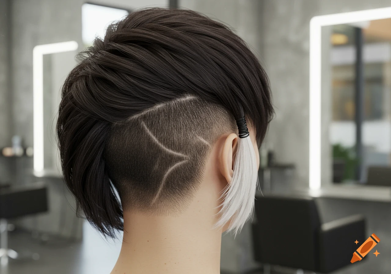 Back of a head with a short dark hairstyle featuring a shaved side with a geometric design and a small white-tipped ponytail.