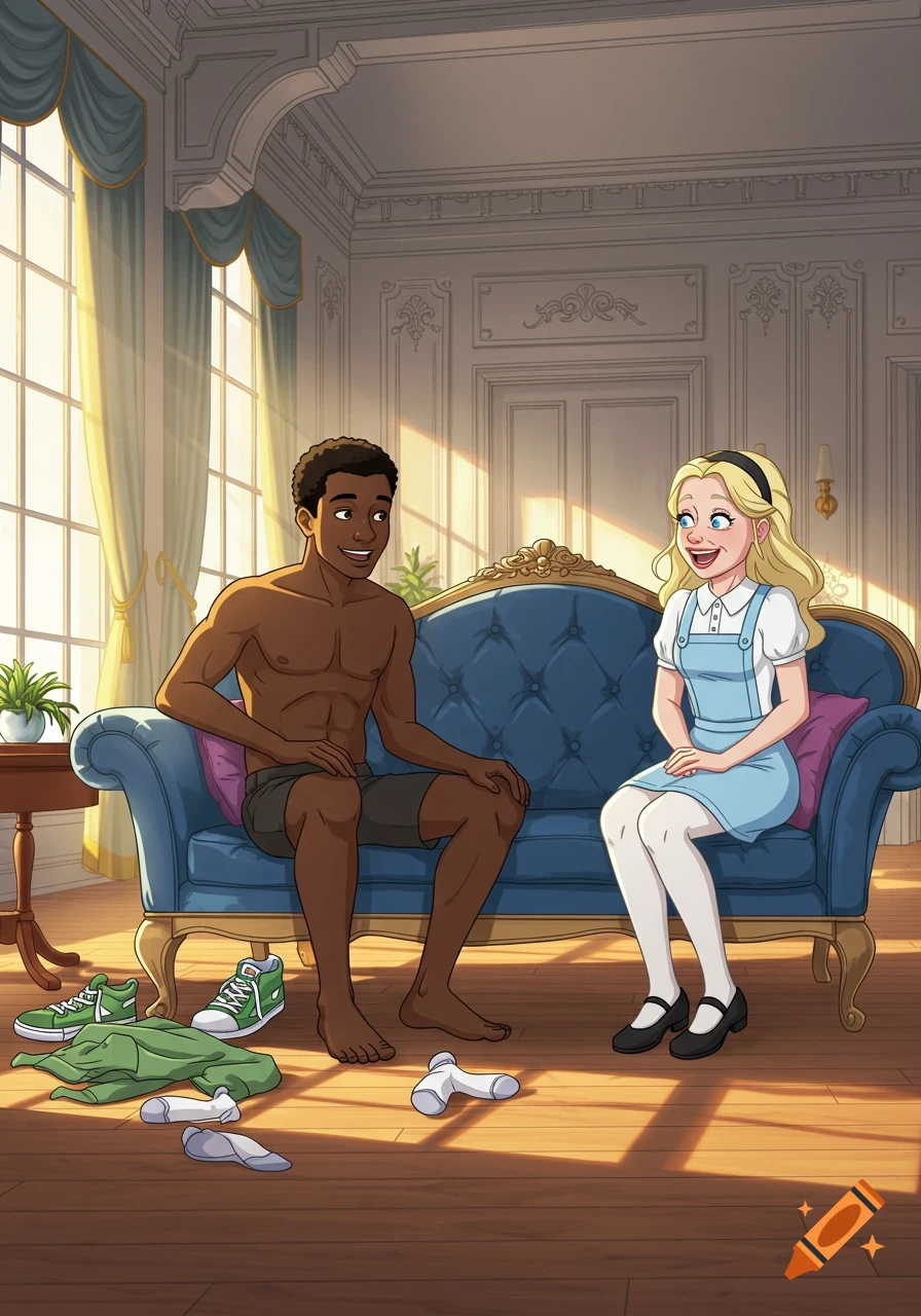 A shirtless Black man and a blonde woman in a dress sit on a blue couch in a cartoon mansion.