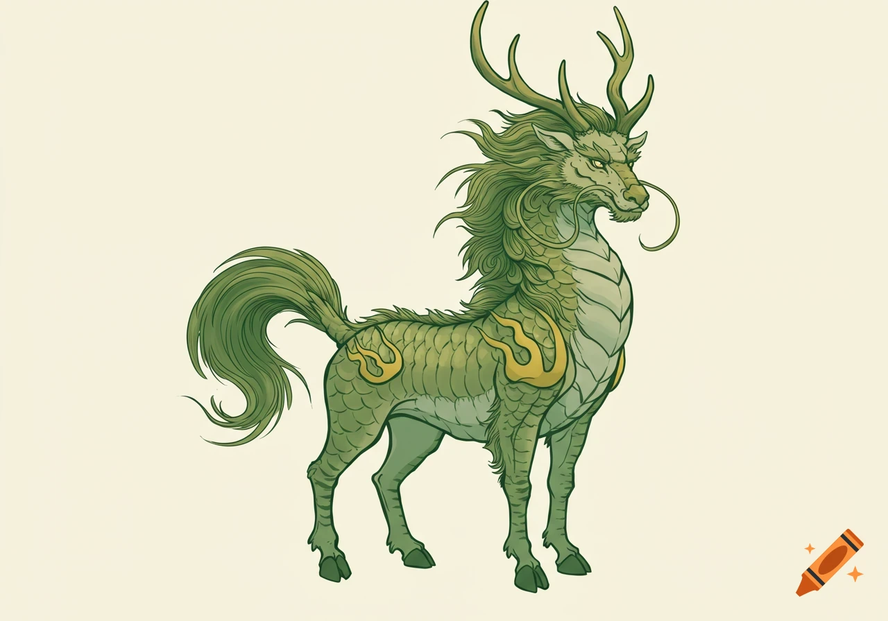 A green Kirin, a mythical creature with antlers and a flowing mane, stands against a solid light background in a Chinese brushstroke art style.