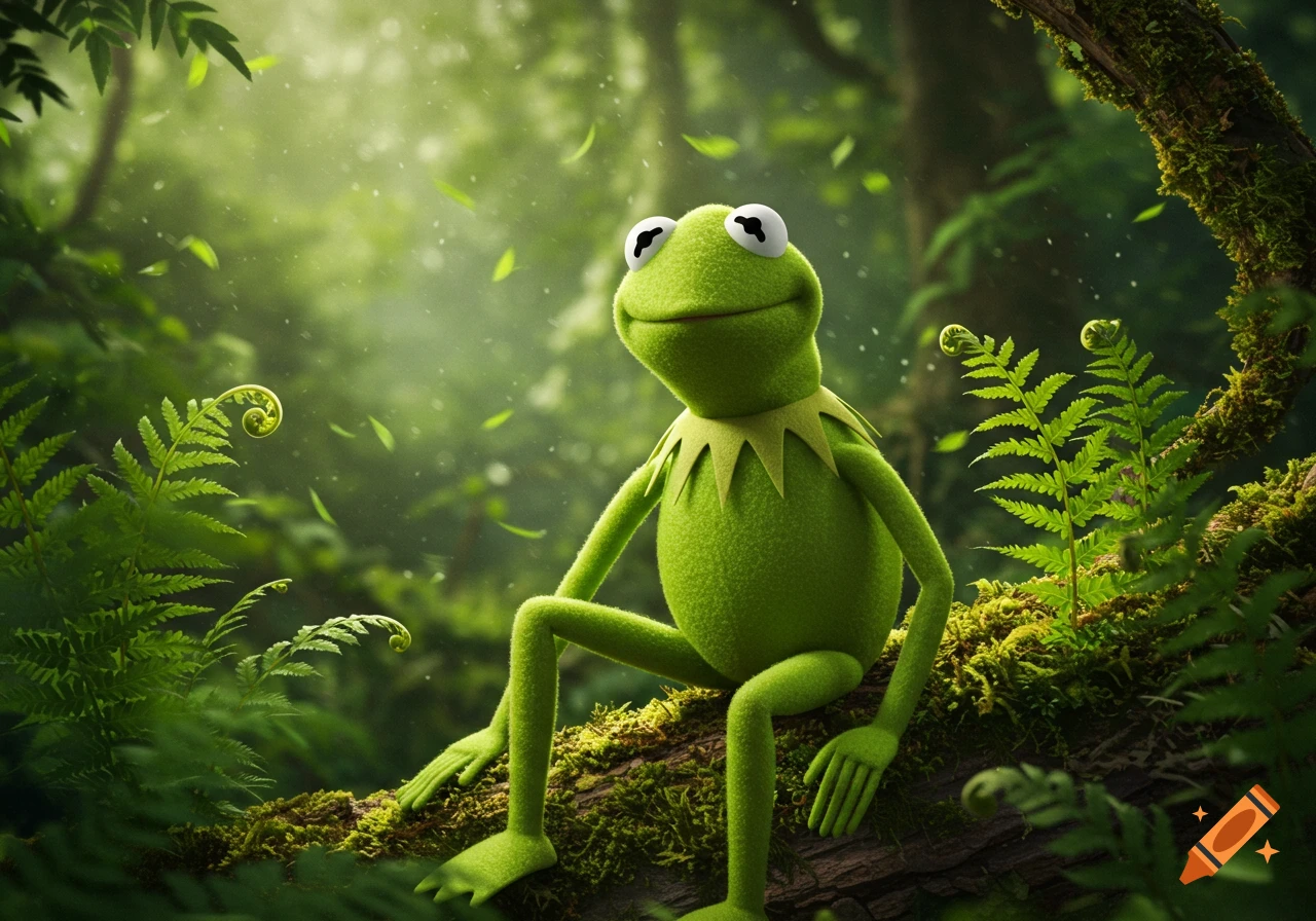 Kermit the Frog sits on a mossy log in a lush, green forest with sunlight filtering through the leaves.