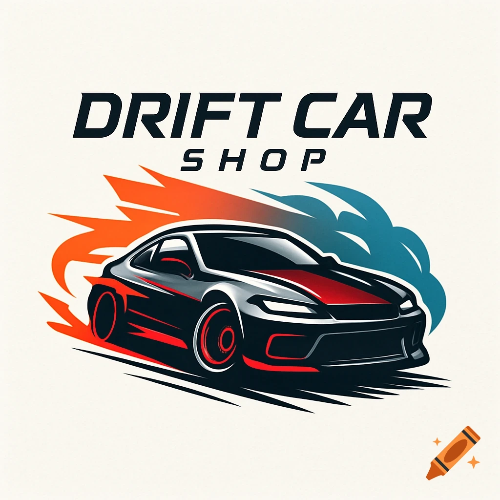 A stylized logo for 'DRIFT CAR SHOP' featuring a black and red drift car with orange and blue speed streaks.