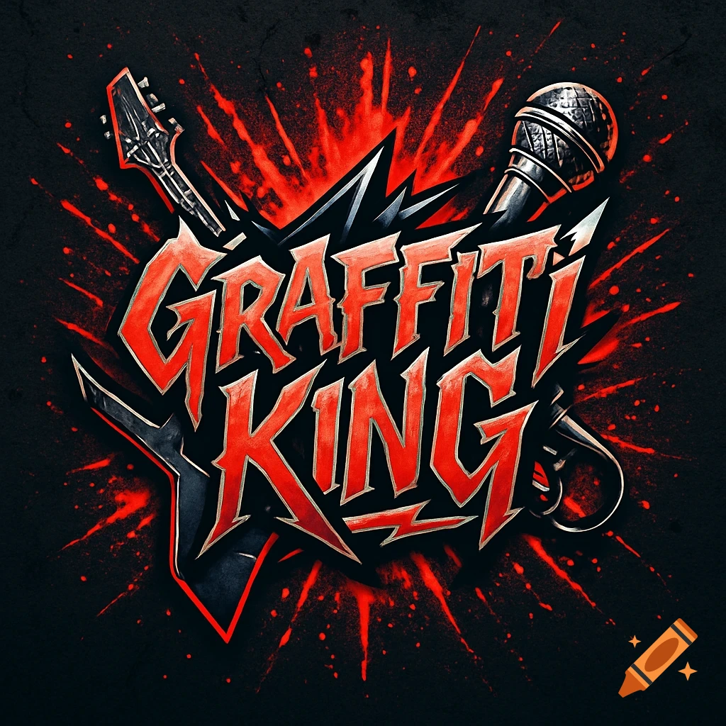 A stylized band logo with the words 'GRAFFITI KING' in bold red and black, set against a black background with red splatters, featuring a guitar headstock and a microphone.