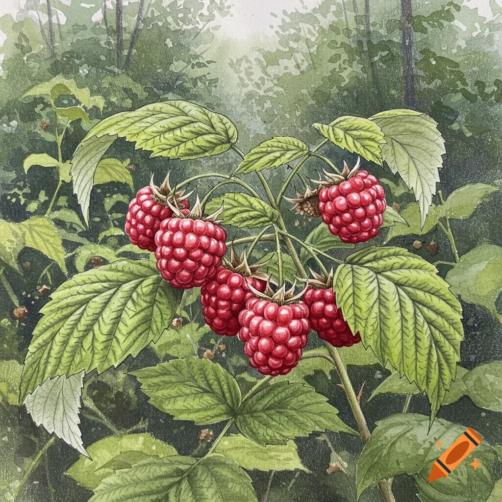 Watercolor painting of a cluster of red raspberries on a bush with green leaves, against a blurred forest background.