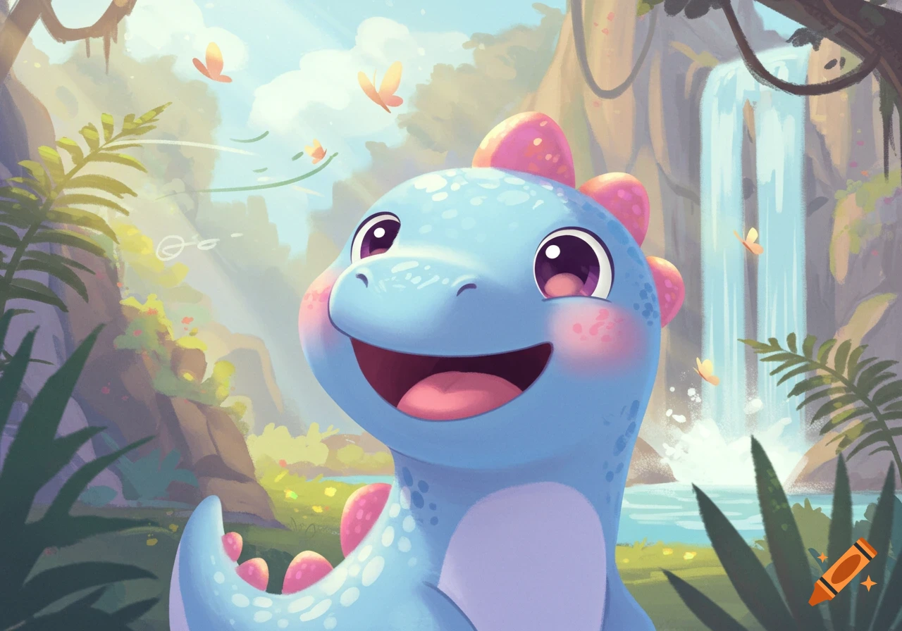 A happy, cute blue cartoon dinosaur with pink spots smiles in a vibrant jungle with a waterfall and butterflies.