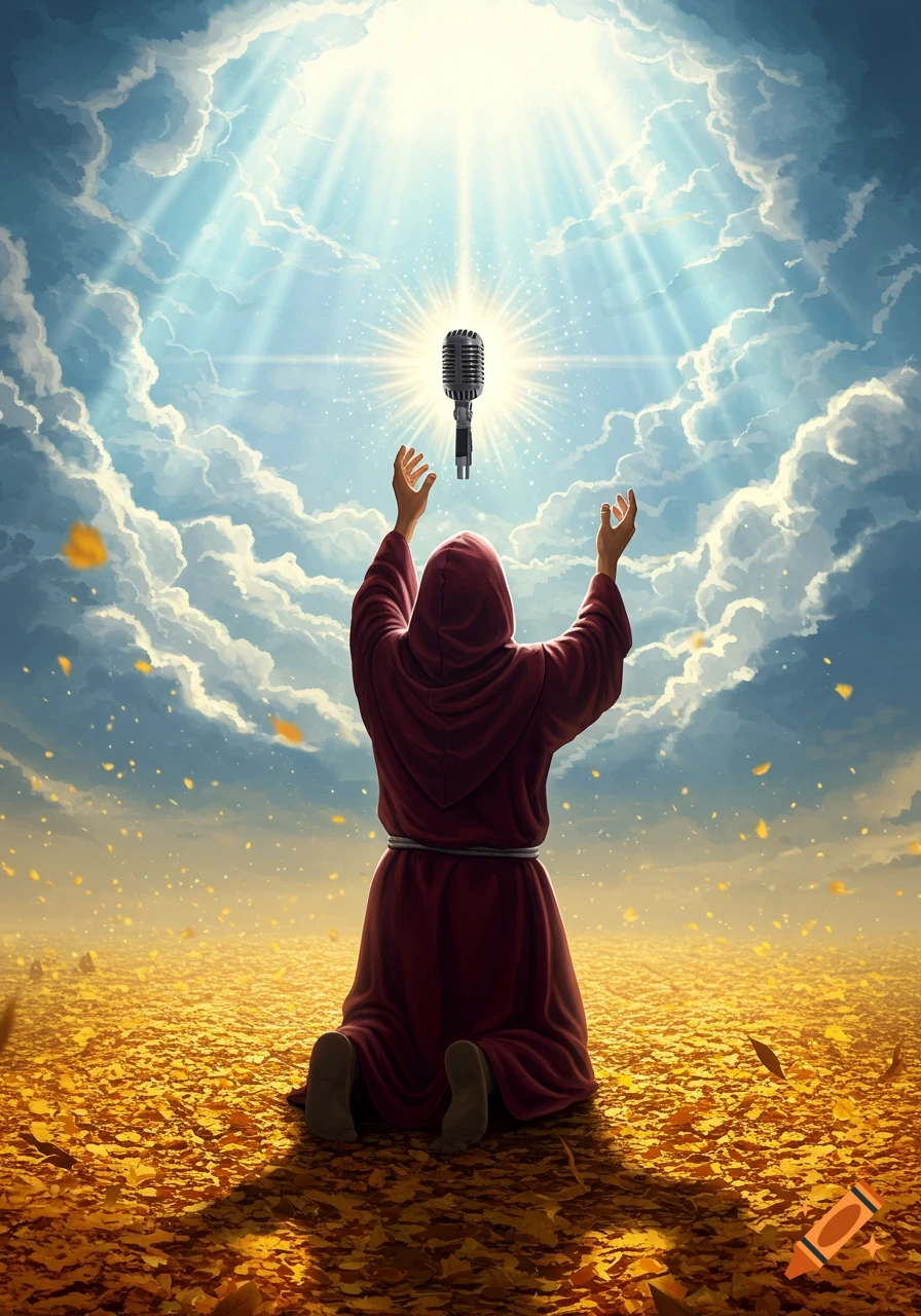 A hooded figure kneels in a field of golden leaves, hands raised towards a glowing vintage microphone in a radiant sky with clouds.