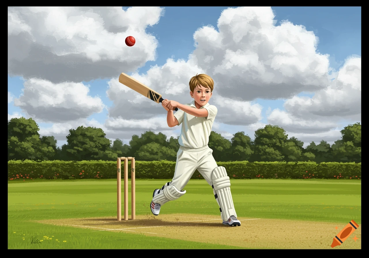 A boy in white cricket gear swings a bat at a red ball in a sunny outdoor field with trees and clouds.