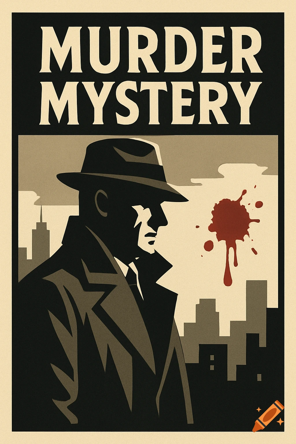 A vintage-style poster for 'MURDER MYSTERY' with a silhouetted man, fedora, trench coat, and a blood splat against a city skyline.