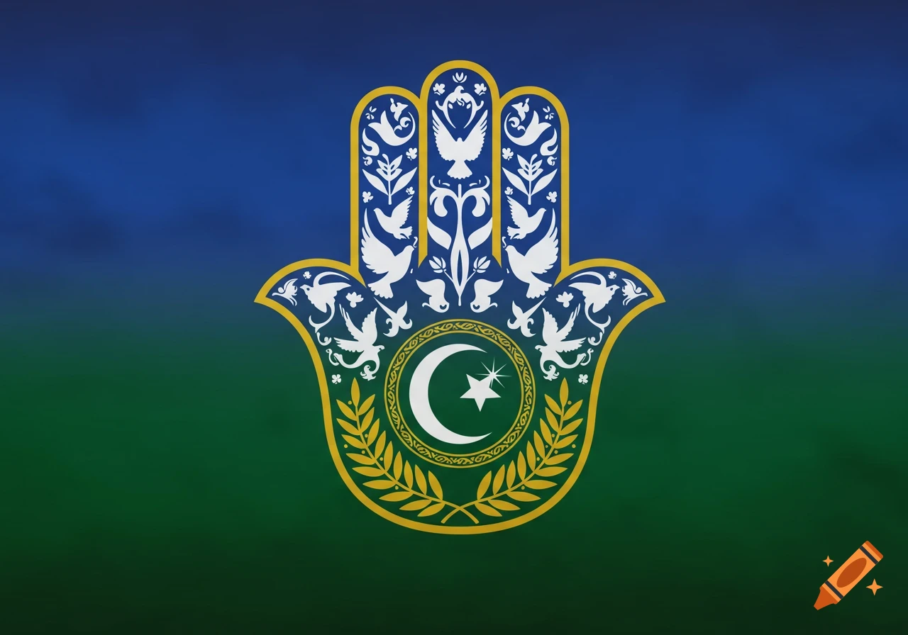 A symbolic flag featuring a stylized Hamsa hand with doves and floral patterns, encompassing a crescent moon and star, set against a blue and green gradient background.