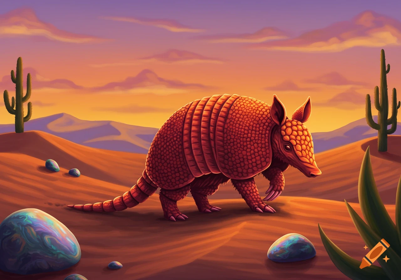 A stylized illustration of an armadillo walking through a desert landscape at sunset, with cacti and colorful rocks.