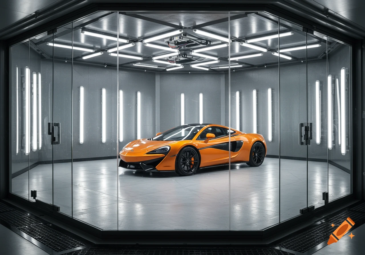 An orange McLaren supercar parked inside a brightly lit octagonal glass showroom with illuminated vertical light bars.