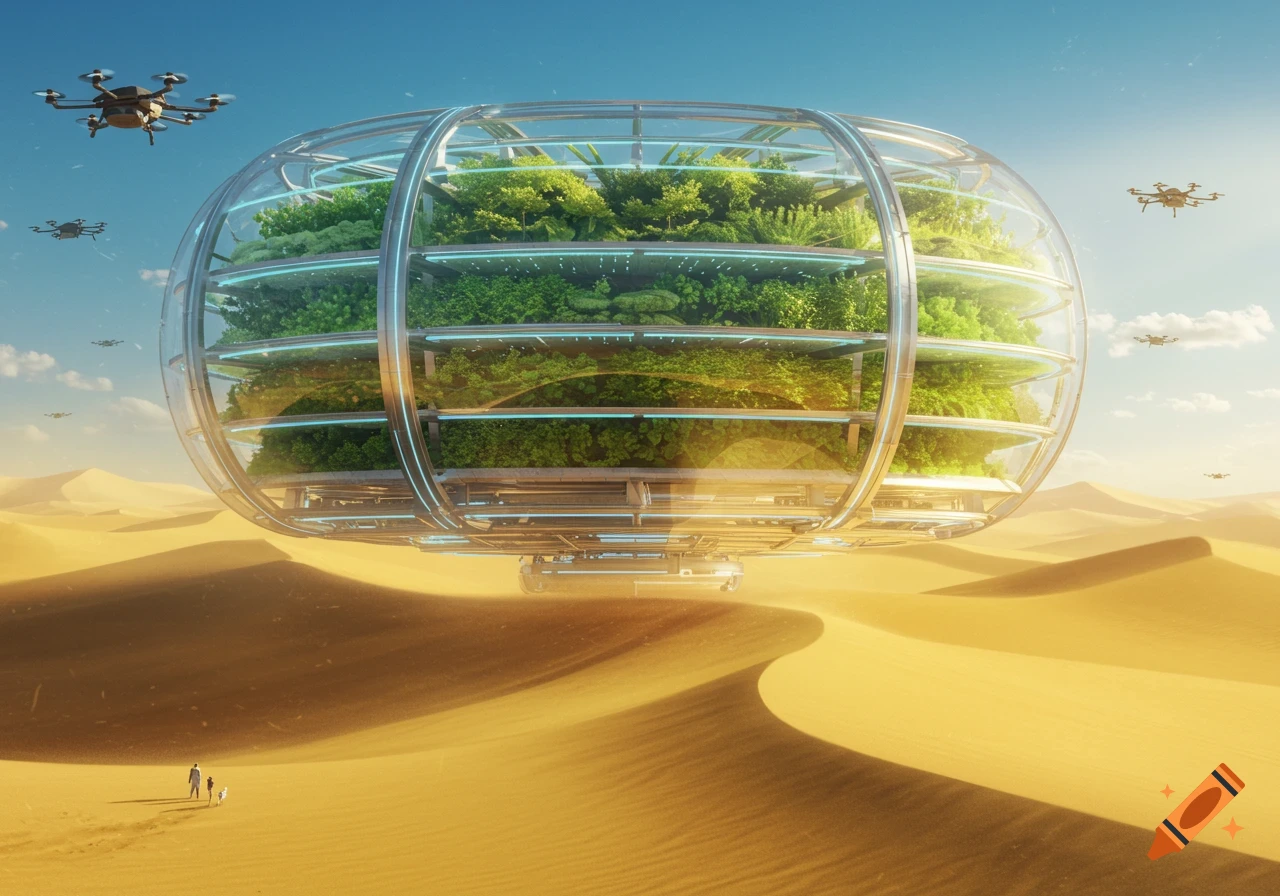A large, futuristic oval-shaped hydroponic farm floats above a vast desert landscape with sand dunes, accompanied by flying drones. Two small figures walk below.