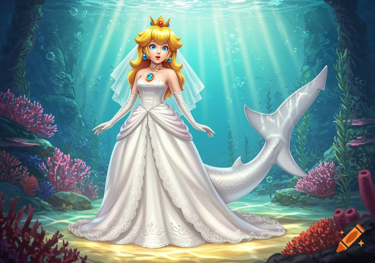 Princess Peach in a white wedding dress with a shark tail, standing in a vibrant underwater scene with coral and sunlight streaming through the water.