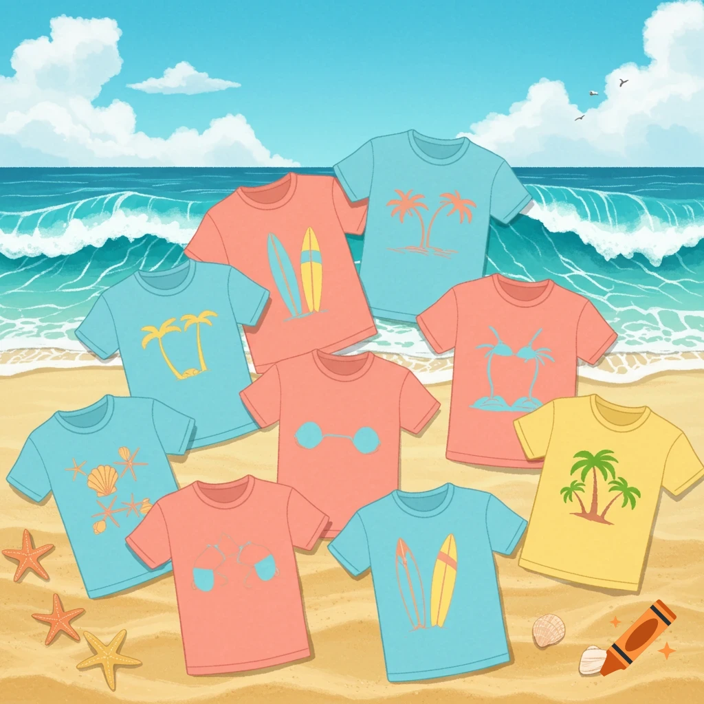 Colorful t-shirts with beach designs laid on a sandy shore with ocean waves in an illustrative style.