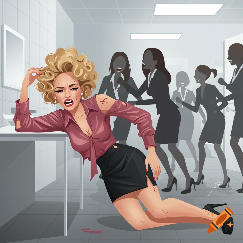 A distressed woman with ripped clothing and injuries lies on the floor while a group of silhouetted business women laugh at her in an office bathroom.