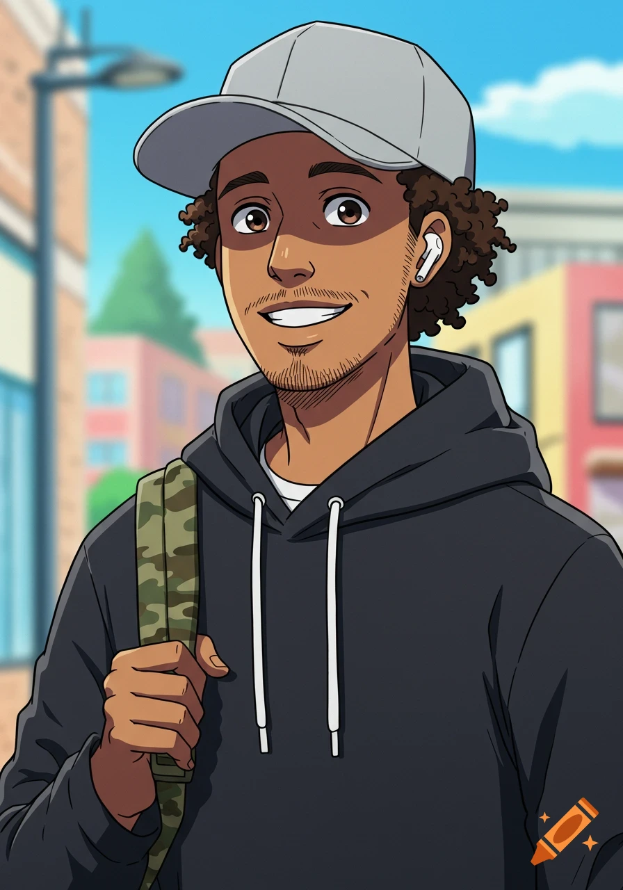 Anime portrait of a young man in a gray cap, dark hoodie, earbuds, and camouflage backpack smiling in an urban setting.