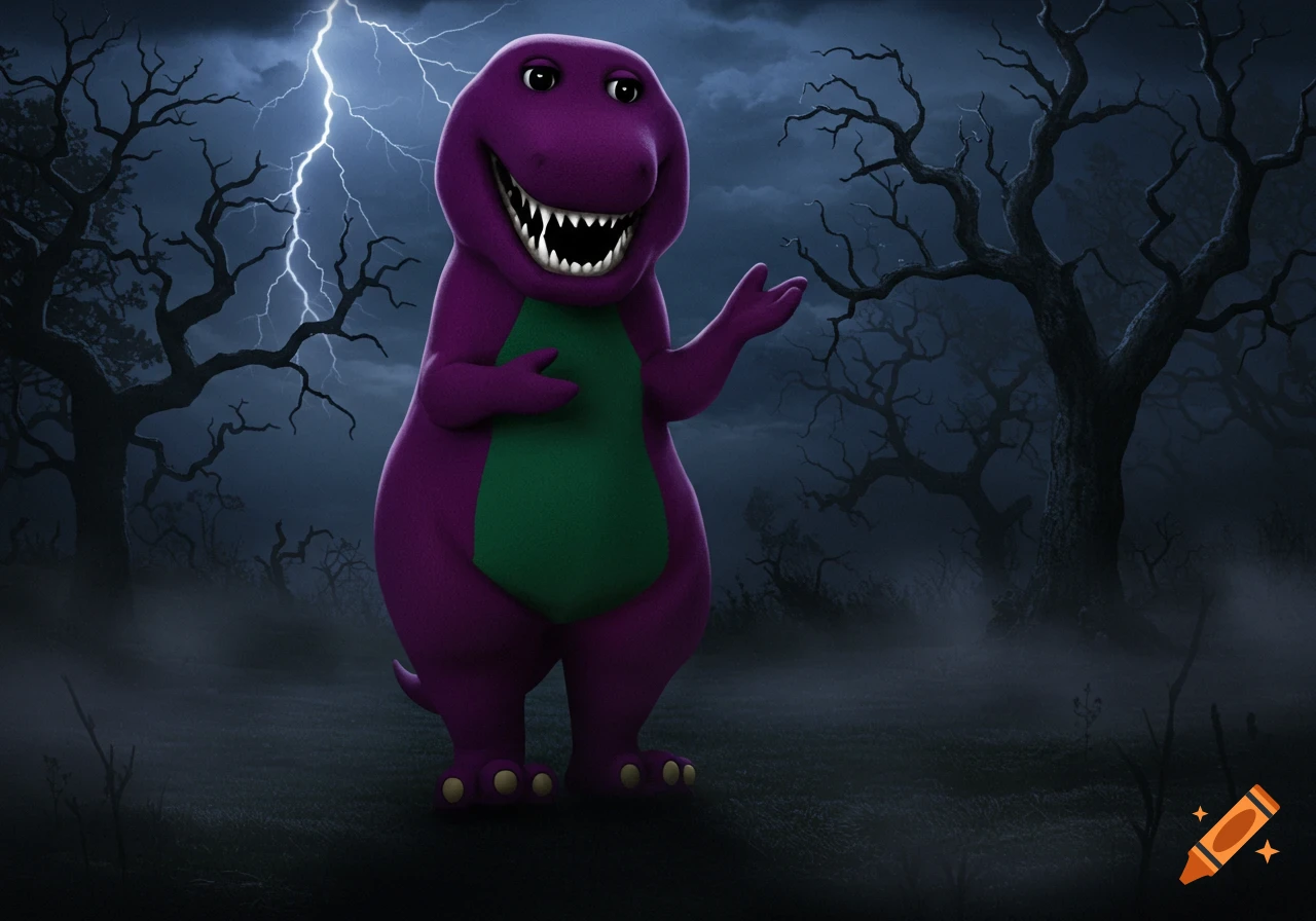 A sinister purple Barney the dinosaur with sharp teeth stands in a dark, foggy forest during a lightning storm.