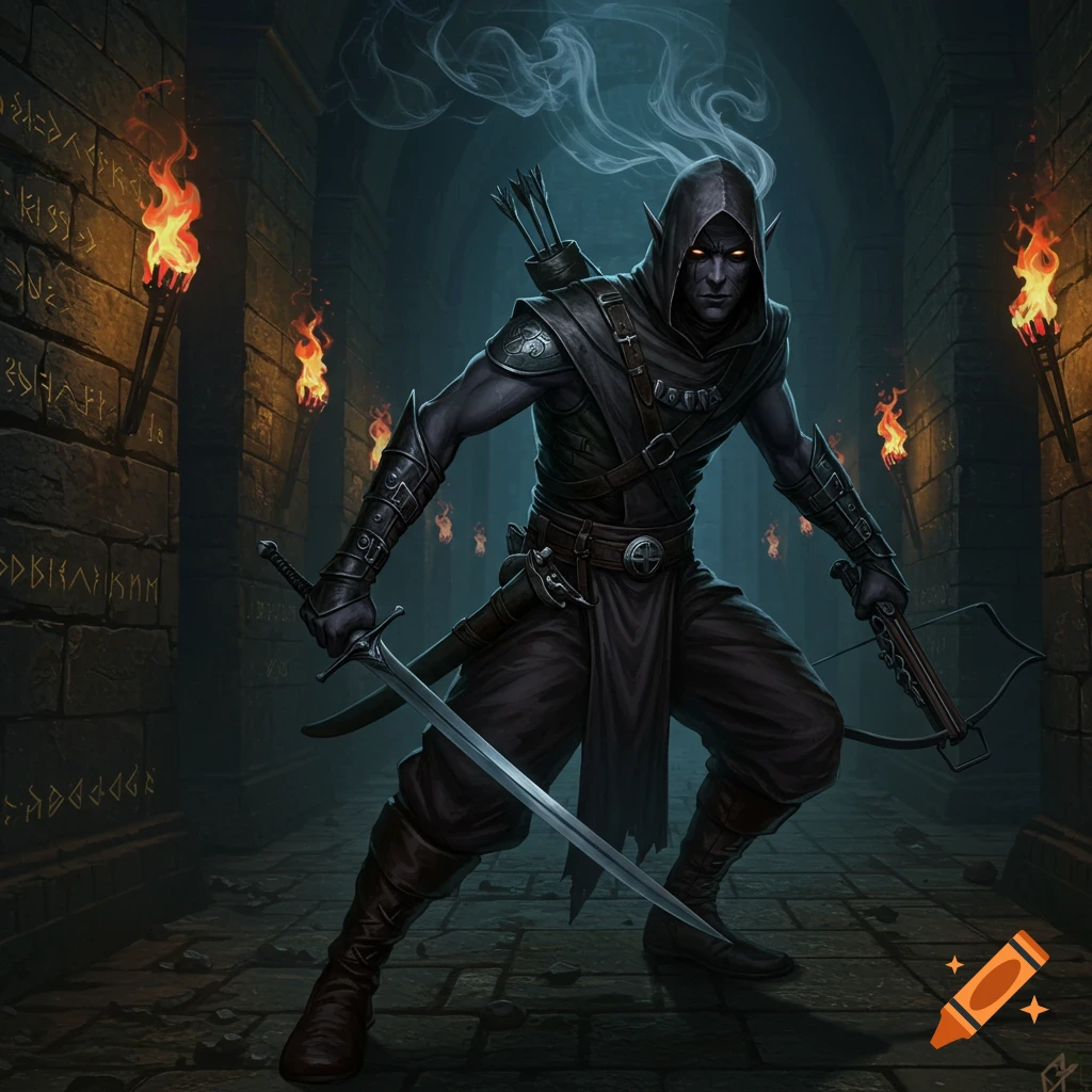 A dark elf rogue in a dungeon, with glowing red eyes, holding a sword and a hand crossbow. Torches light the stone walls.