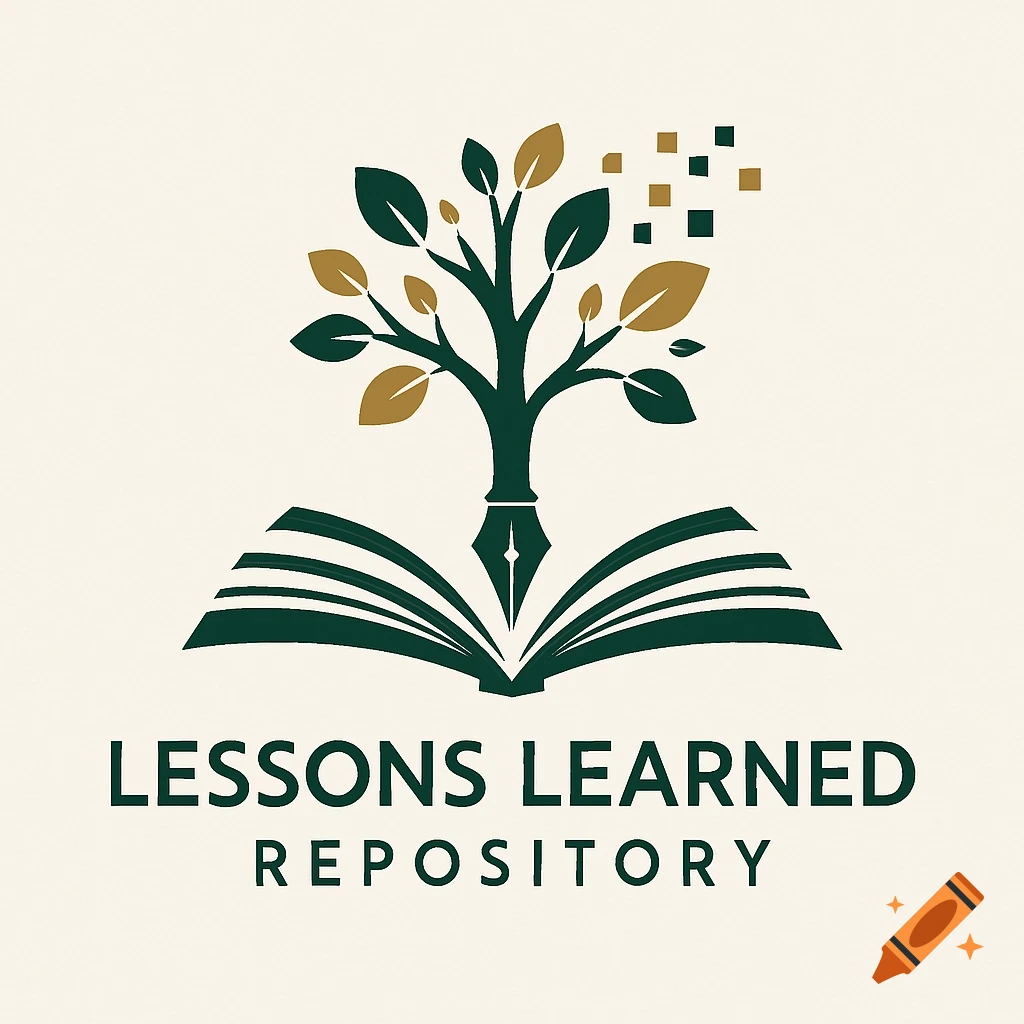A logo with a dark green tree growing from an open book with an ink nib as its trunk. The text reads 'LESSONS LEARNED REPOSITORY'.
