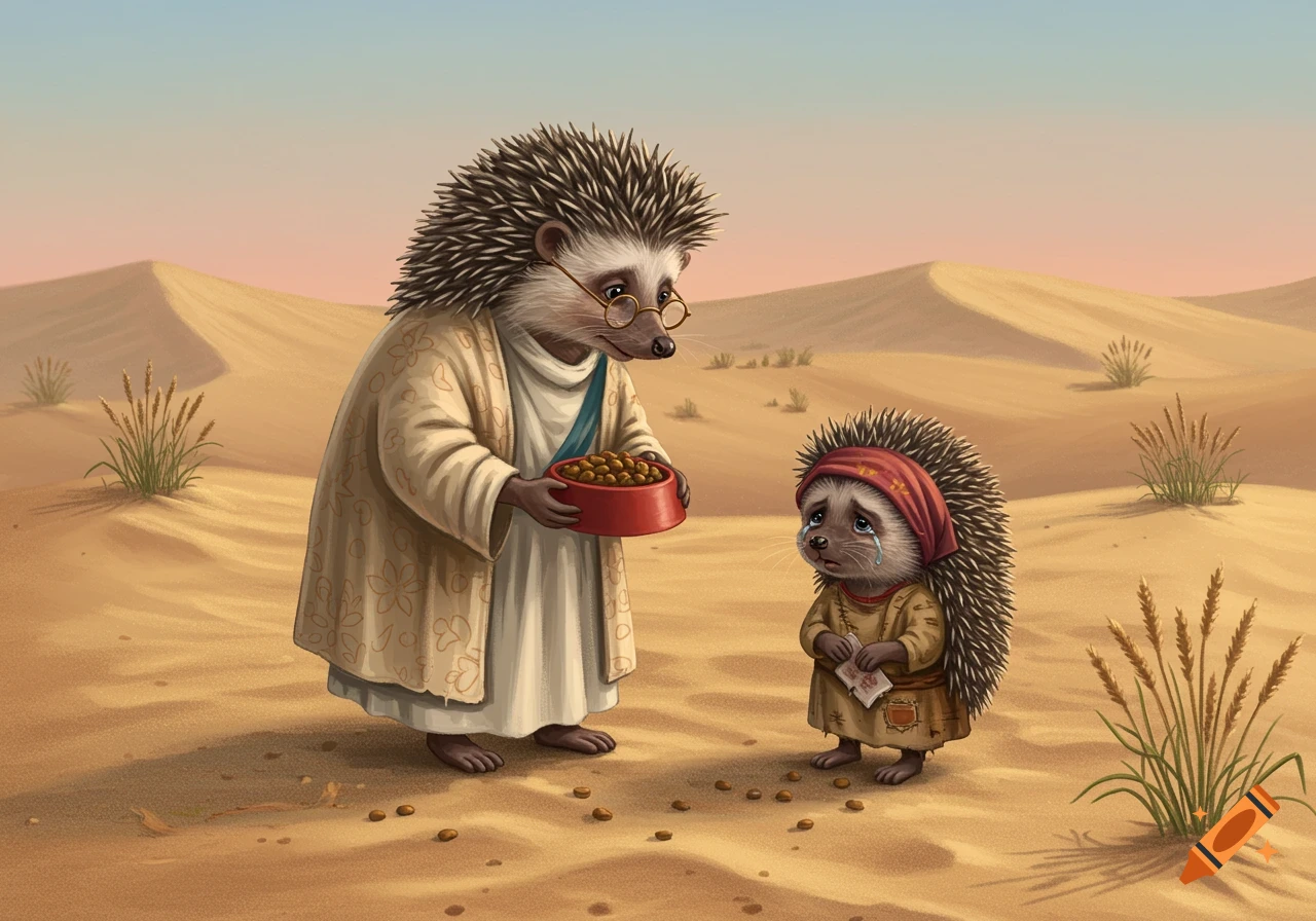 An anthropomorphic hedgehog in robes and glasses offers a bowl of food to a crying smaller hedgehog with a red headscarf in a desert.