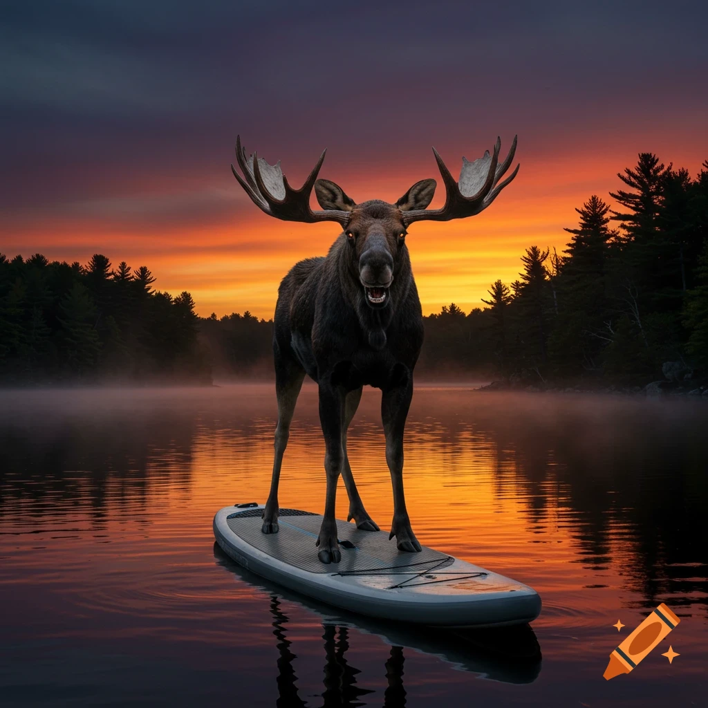 A large moose stands on a paddleboard in a calm lake at sunset, with trees and mist on the distant shore.