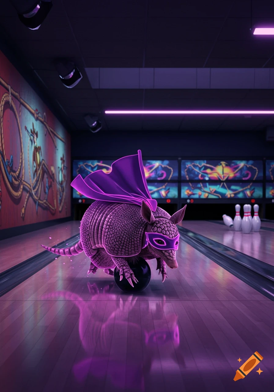 A purple armadillo dressed as Zorro, wearing a mask and cape, rolling a bowling ball down a neon-lit bowling lane.