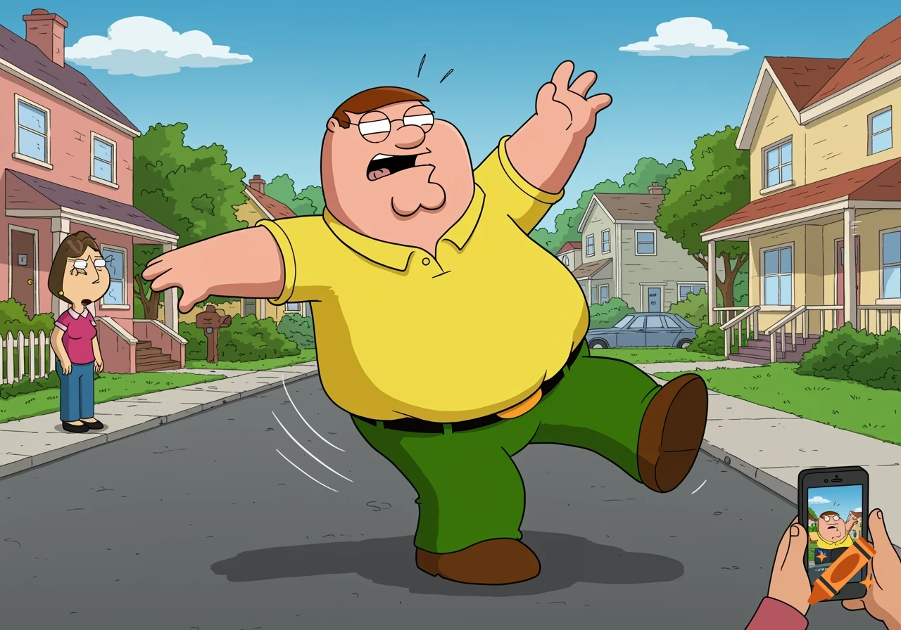 Peter Griffin in a yellow polo and green pants stumbles on a suburban street while Lois watches and someone films him on a smartphone.