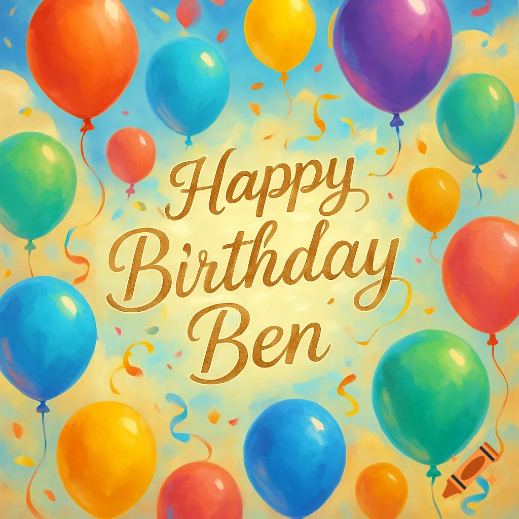 A vibrant birthday image featuring colorful balloons and confetti, with the text 'Happy Birthday Ben' in the center.