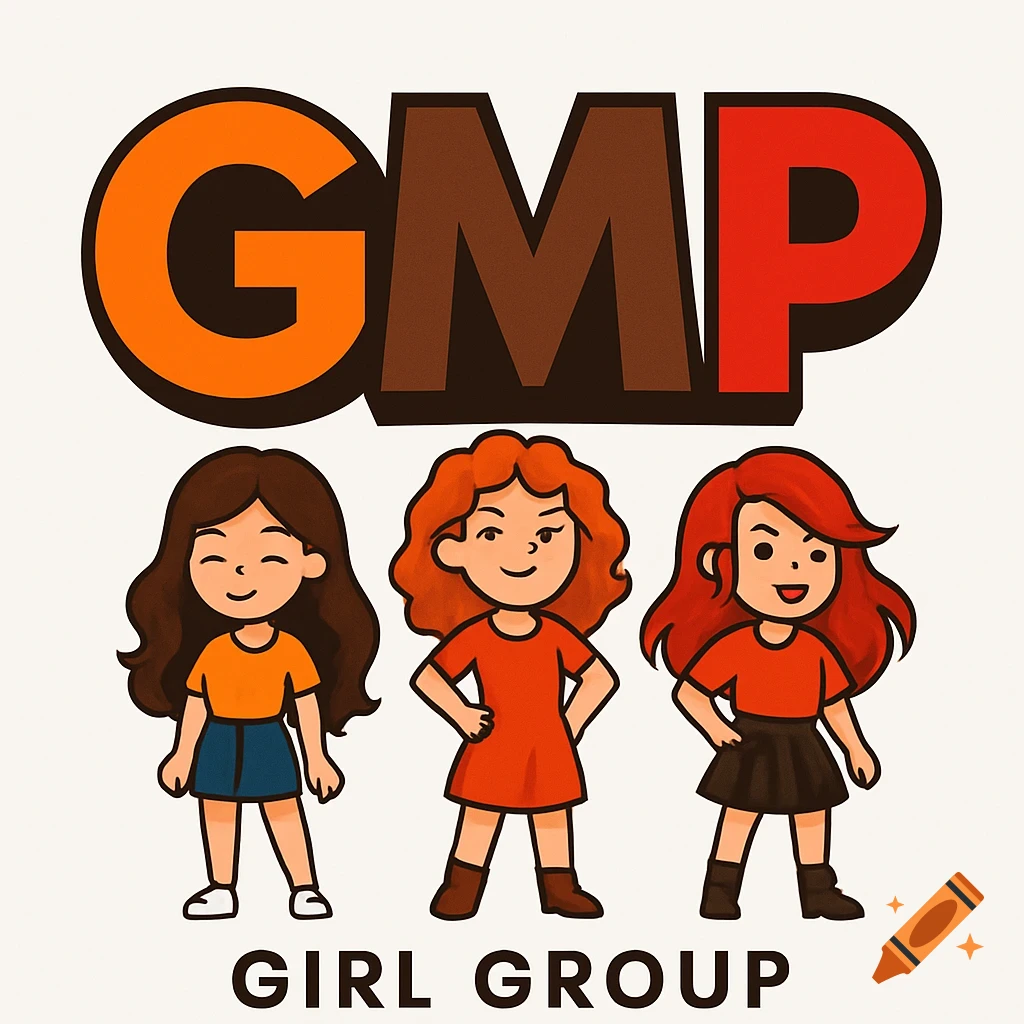 A cartoon logo with bold orange 'G', brown 'M', and red 'P' above three diverse cartoon girls, with 'GIRL GROUP' text below.