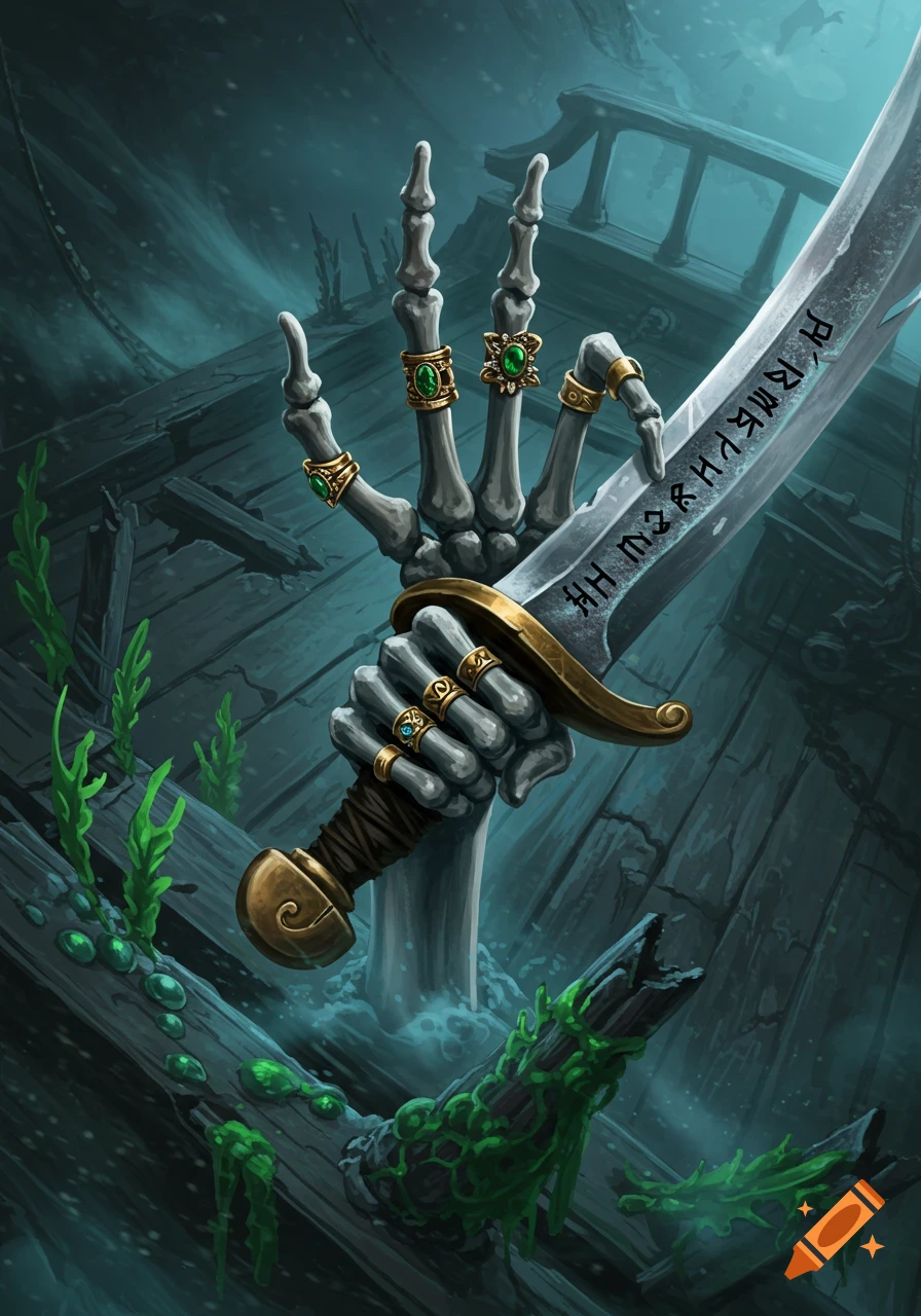 A skeletal hand adorned with green jeweled rings emerges from a sunken ship, gripping a runic sword underwater in a fantasy illustration.