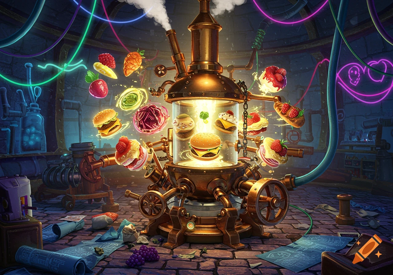 A whimsical steampunk food machine in a lab setting, producing various floating burgers, desserts, and vegetables.