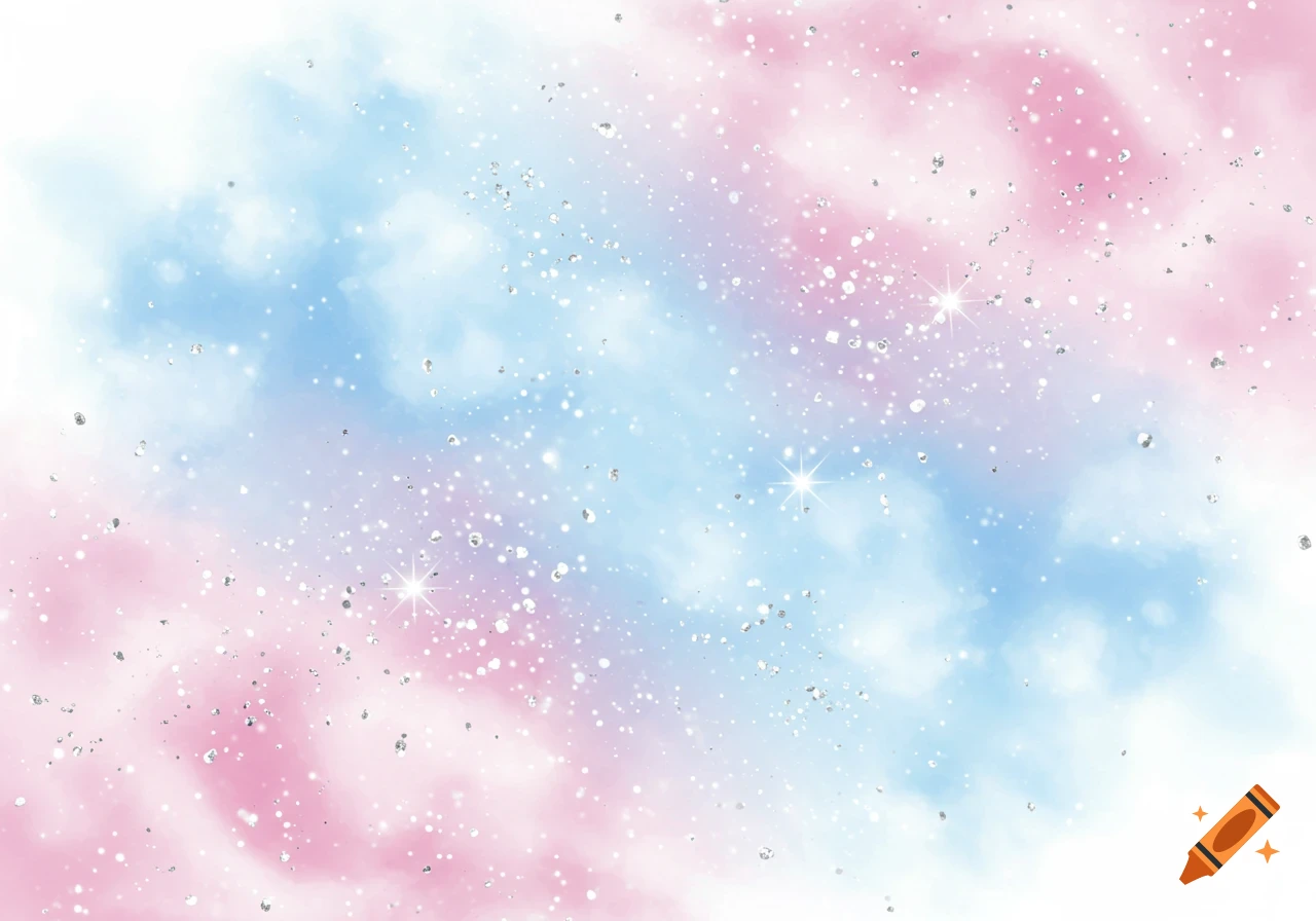 A soft, dreamy background with blended pastel pink, blue, and white colors, sparkling with scattered glitter and bright starbursts.