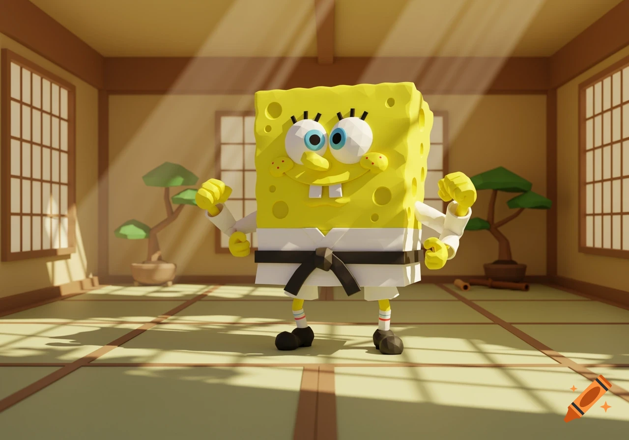 Low poly 3D Spongebob in a white gi with a black belt, clenching his fists in a traditional Japanese dojo.