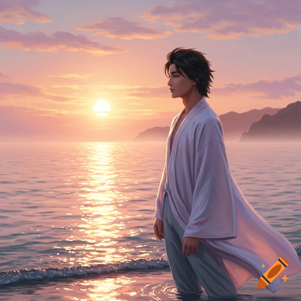 A man in a light robe stands in shallow water, looking out at a vibrant sunset over mountains in a digital painting.