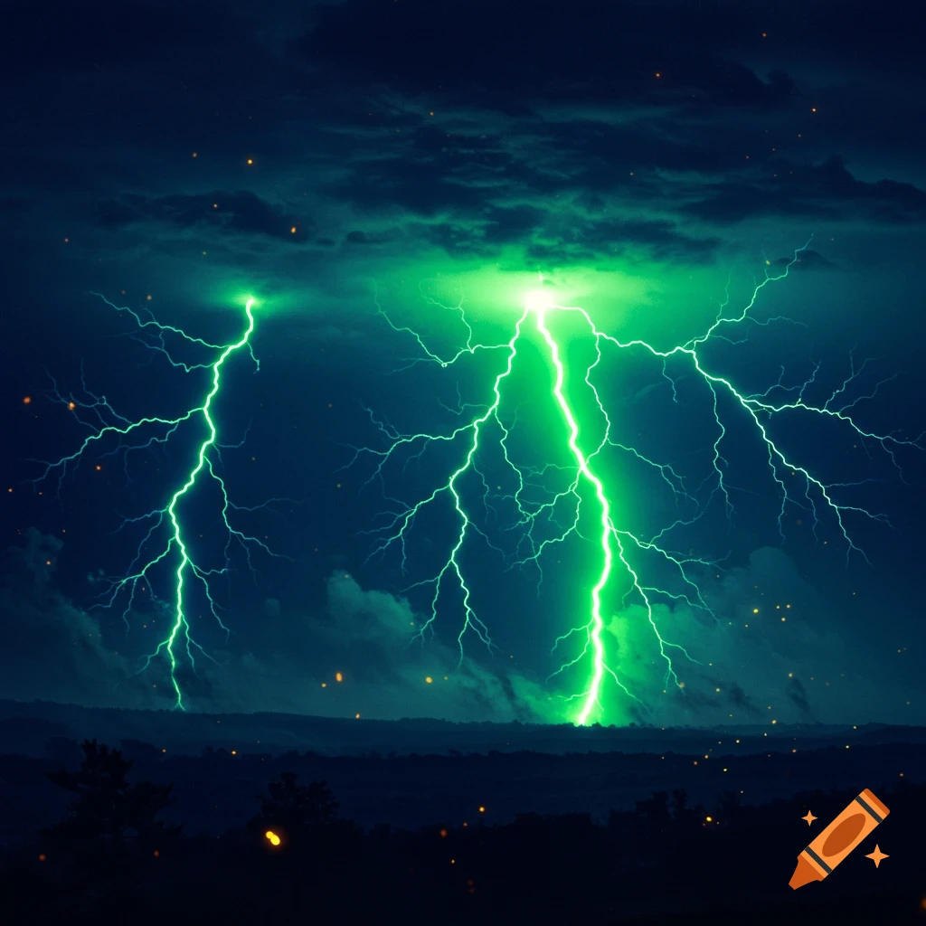 Two vibrant green lightning bolts strike a dark, cloudy night sky over a silhouetted landscape with distant lights.