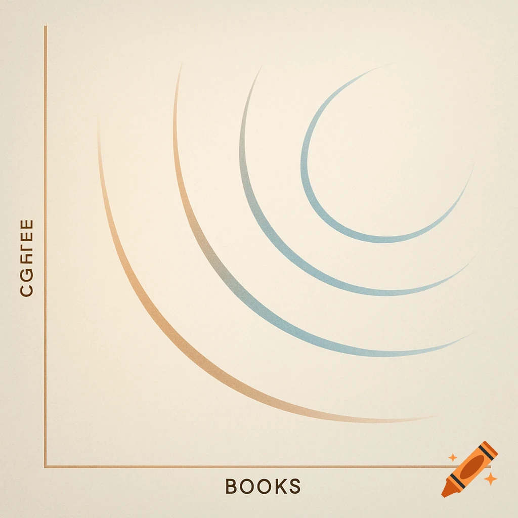 A beige graph with a vertical 'CGFTEE' axis and a horizontal 'BOOKS' axis. Several curved, colored lines represent indifference curves.