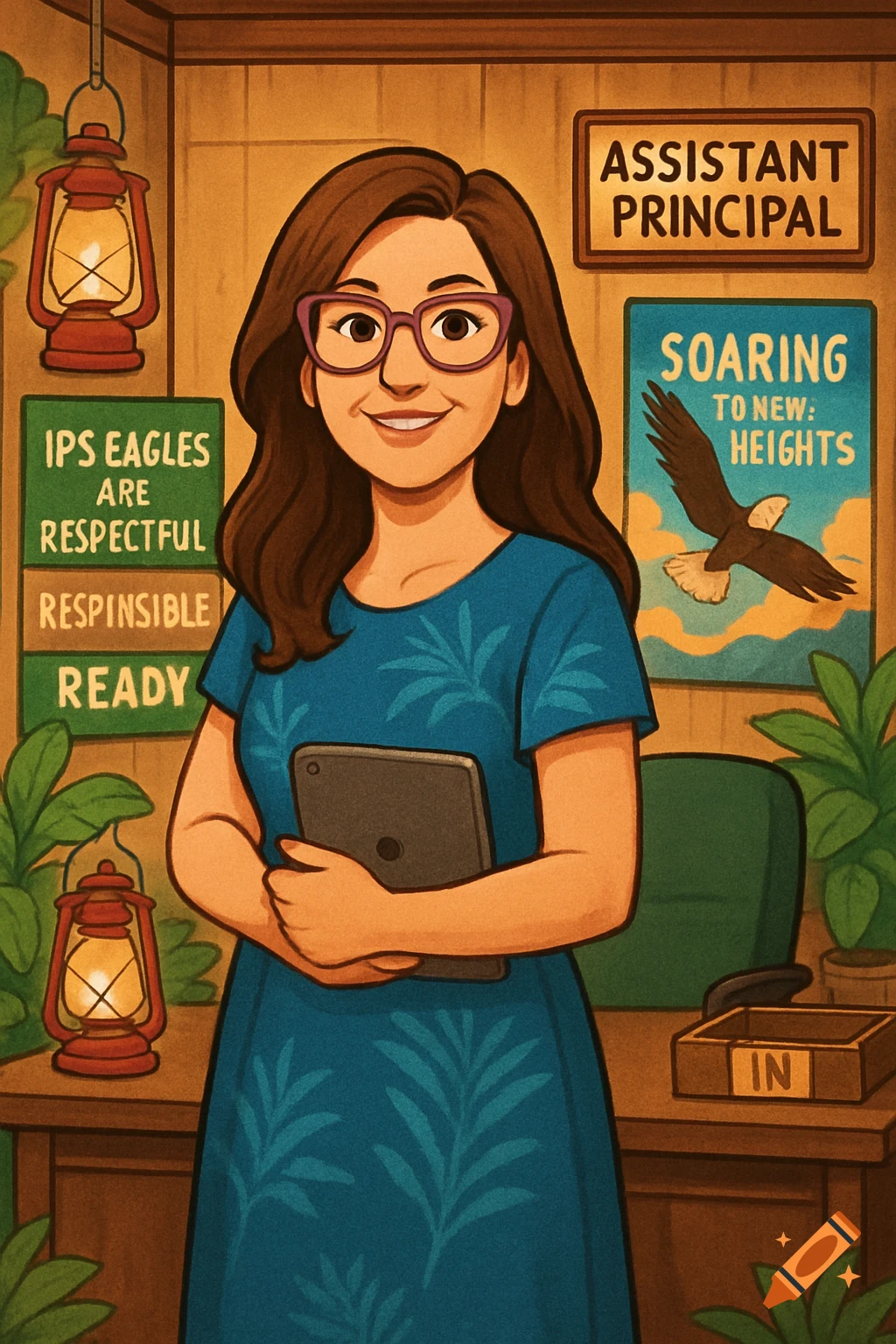 A cartoon-style portrait of a smiling female assistant principal with brown hair and glasses, holding an iPad in her camping-themed office with posters.