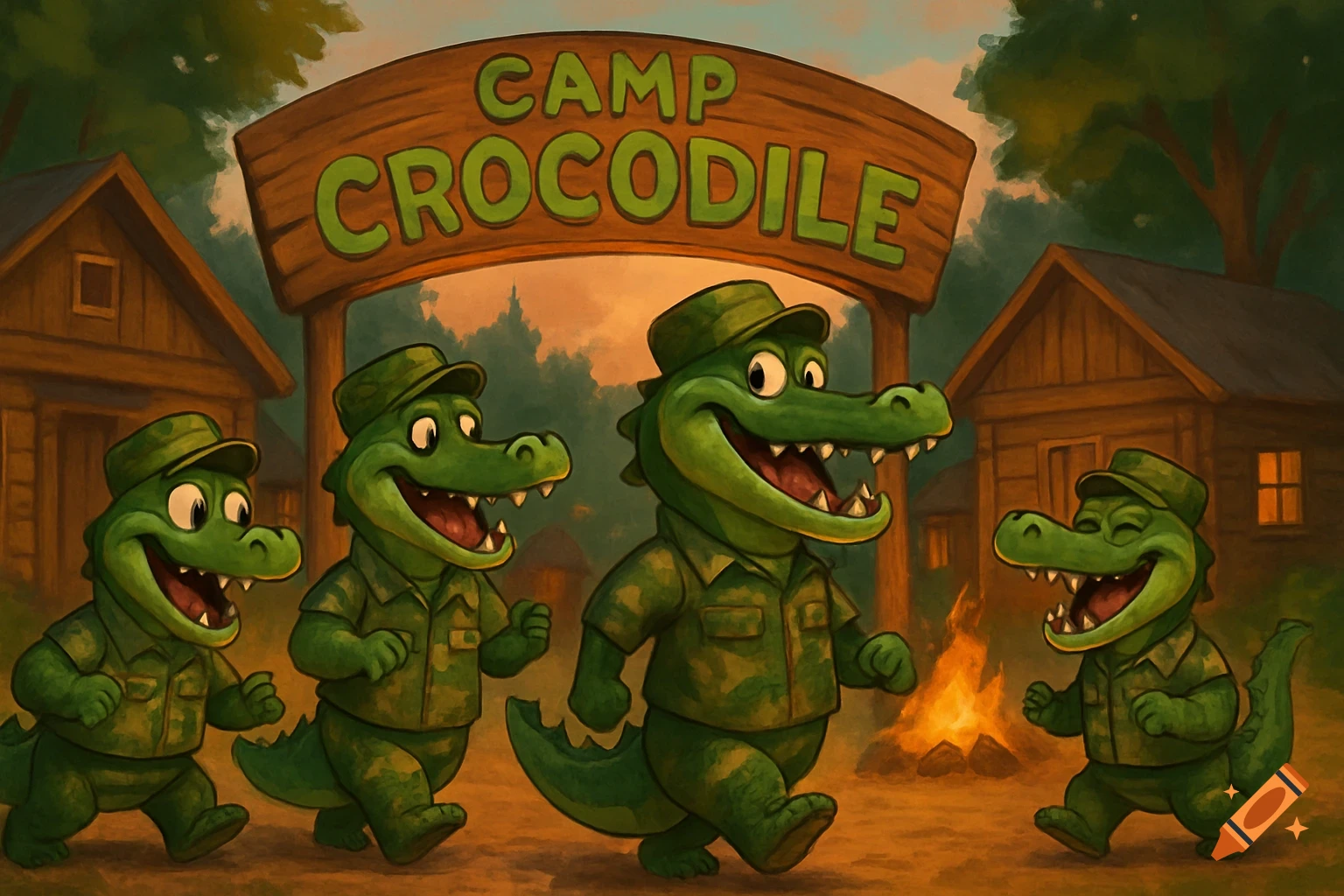 Four cartoon crocodiles in camouflage uniforms walk around a camp with cabins, a campfire, and a sign reading 'Camp Crocodile'.