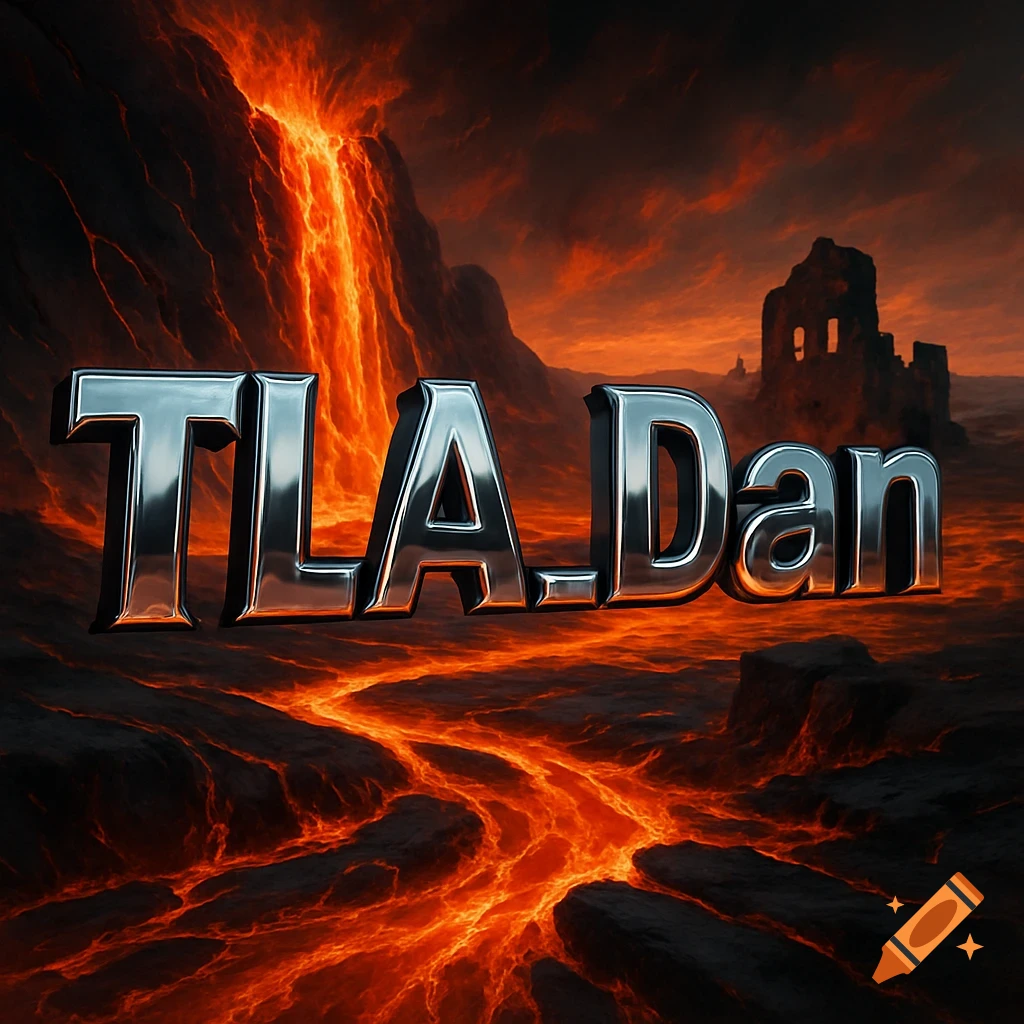 3D metallic text "TLA.Dan" in a fiery volcanic landscape with a lava waterfall and a ruined building in the distance.