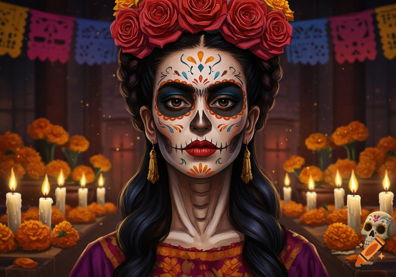 Detailed illustration of a woman with La Catrina skull makeup and a red rose headdress, surrounded by candles and marigold flowers.