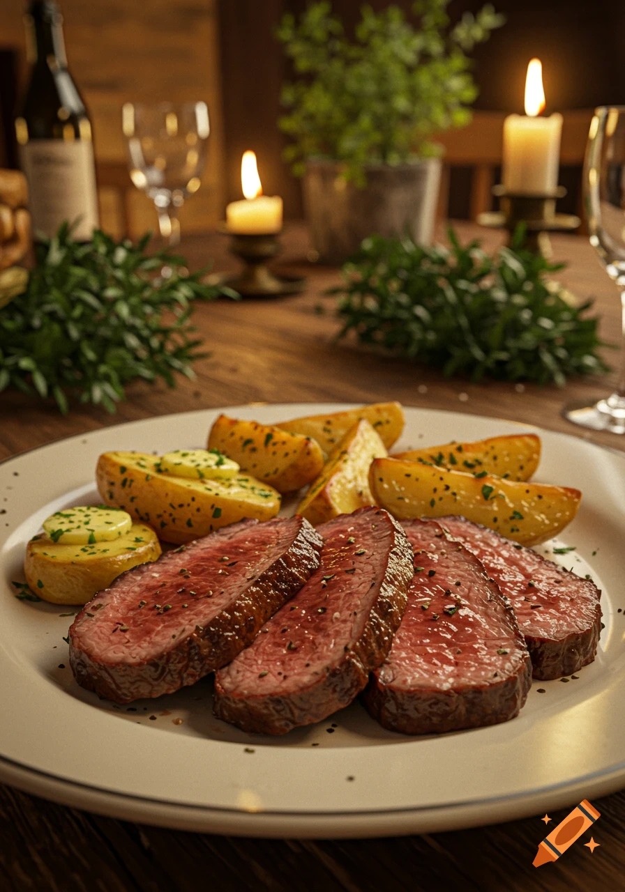 Slices of roasted meat and potatoes with butter and herbs on a plate, set on a wooden table with candles and a bottle of wine in the background.