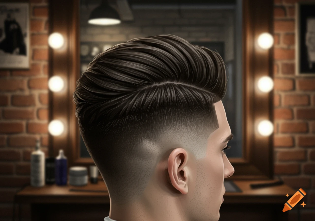 Close-up profile of a man with a modern fade haircut, in a barbershop setting with a mirror and lights.