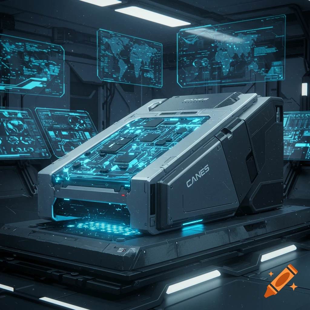 A high-tech futuristic machine with glowing blue circuits and screens displaying data, set in a dark control room.