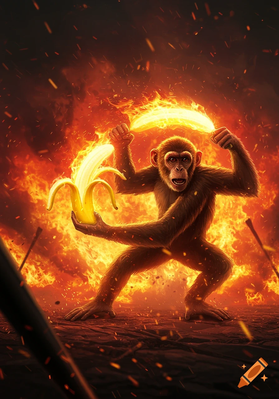 A monkey wields a flaming banana and holds another glowing banana amidst a fiery battle scene.